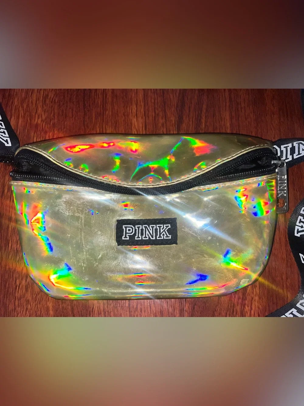 PINK Victoria's Secret Holographic Gold Belt Bag with Branded Black Strap